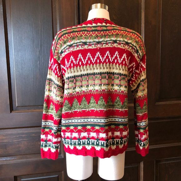 Vintage Tiara Petites Size PM Red Cardigan Sweater 2000 Teddy Bear Fair Isle - Picture 11 of 13